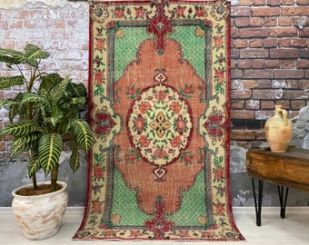 4x7 Vintage Rug, Antique Handmade Rug, Orange Green Turkish Rug, Decorative Wool Rug, Anatolian Rug, Entryway Rug, Oushak Rug, 3&#39;9x6&#39;7 feet
