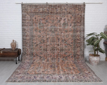 7x10 Handmade Vintage Turkish Rug, Orange Wool Rug, Antique Living Room Carpet.