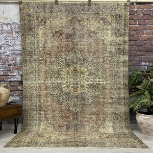 4&#39;7x8&#39;7 ft. Vintage Rug, Pale Red Rug, Antique Handmade Rug, Turkish Area Rug, Bedroom Rug, Faded Rug, Oushak Rug, Living Room Rug, Boho Rug