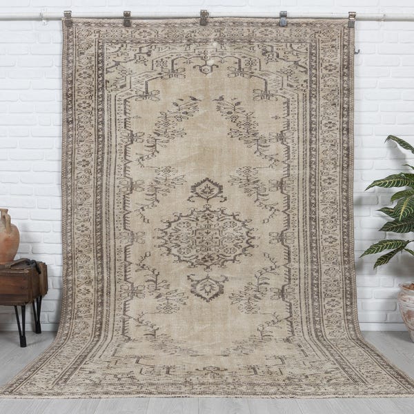 6x9 Vintage Rug, Antique Handmade Rug, Beige Turkish Rug, Oushak Rug, Anatolian Rug, Bedroom Rug, Decorative Rug, Neutral Rug, 5'7x9'1 feet.