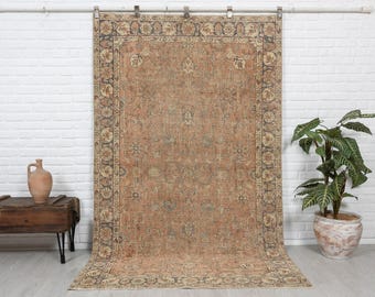 Orange Turkish Oushak Rug 5x8: Vintage Wool Anatolian Rug