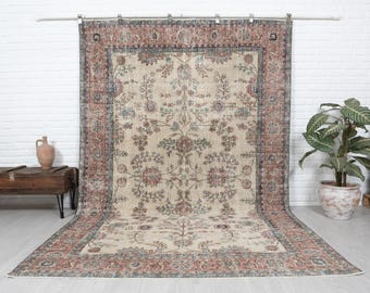 200x300 Vintage Türkischer Oushak Teppich: Beiger Anatolischer Wollteppich