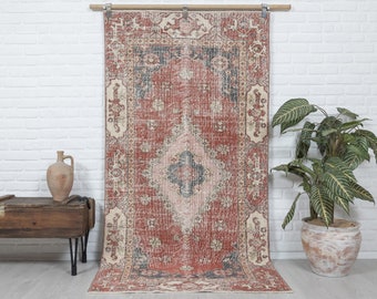 Tappeto Oushak turco vintage rosso, 4x7, in lana, stile anatolico.