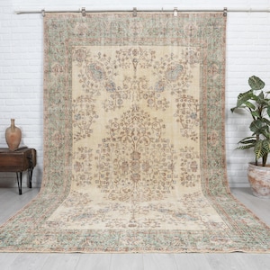 7x11 Vintage Rug, Beige Rug, Antique Handmade Rug, Turkish Rug, Bedroom Rug, Anatolian Rug, Neutral Rug, Oushak Rug, Muted Rug, 6&#39;10x10&#39;6 ft