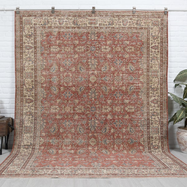 7x9 Vintage Rug, Antique Handmade Rug, Bedroom Rug, Red Turkish Area Rug, Living Room Rug, Oushak Rug, Large Rug, Anatolian Rug - Faded Rug