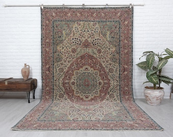 6x10 Vintage Turkish Rug, Beige Pink Wool Carpet, Handmade Medallion Area Rug, Anatolian Decor. 6'4x10 feet