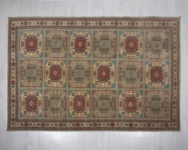 6x9 Green Red Turkish Rug, Geometric Wool Carpet, Vintage Anatolian ...