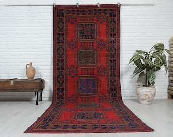 Vintage Red Turkish Runner Rug: 4x11 Oushak Anatolian Wool Rug