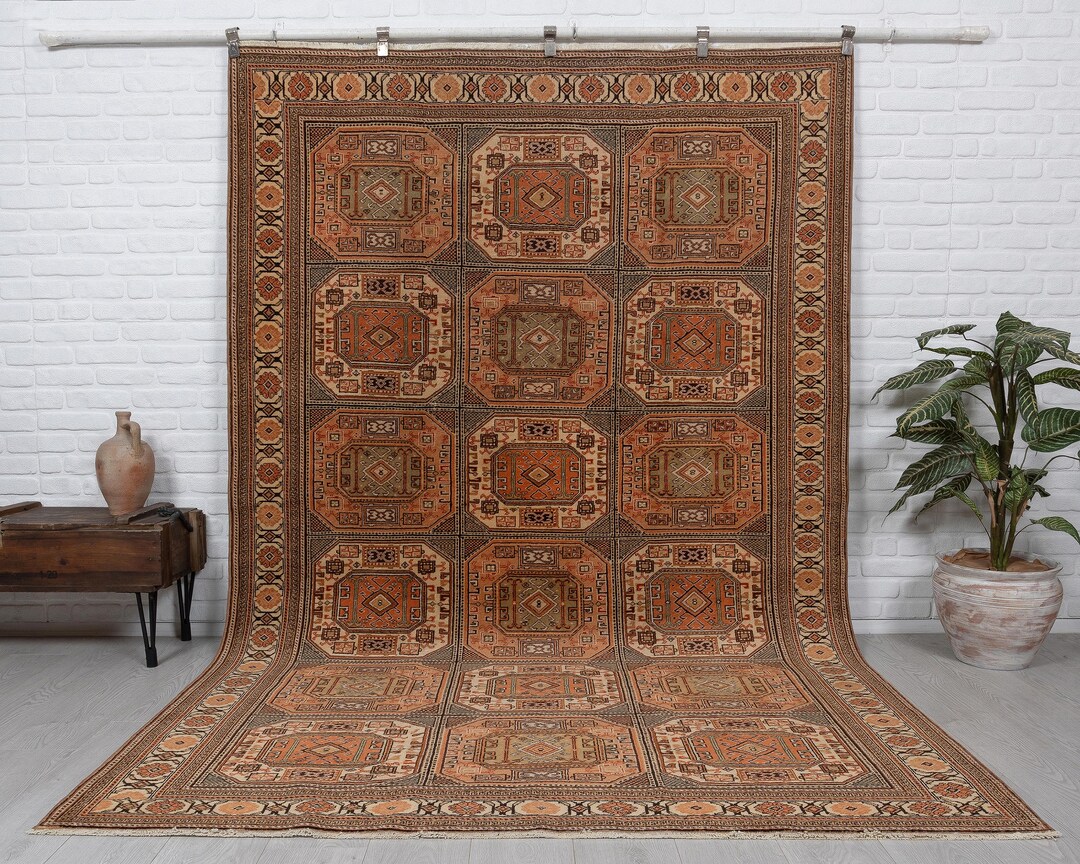 Tukish Wool Rug 7x10 Vintage Turkish Wool Rug - Orange Anatolian Oushak, Geometric ...