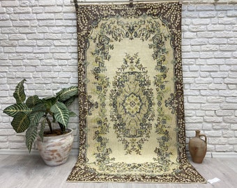 100x200 Vintage Türkischer Teppich: Beige Oushak, Handgewebter Wollteppich