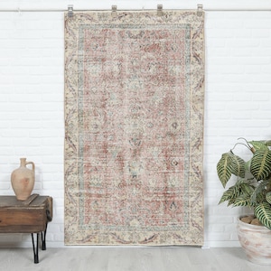 4x6 Vintage Rug, Antique Handmade Rug, Red Turkish Rug, Oushak Rug, Wool Anatolian Rug, Bedroom Rug, Faded Rug, Kitchen Rug, 3&#39;6x6&#39;1 feet.