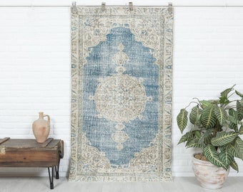 4x6 Vintage Rug, Antique Handmade Rug, Blue Turkish Rug, Oushak Rug, Wool Anatolian Rug, Bedroom Rug, Muted Rug, Kitchen Rug, 3'5x6'5 feet.