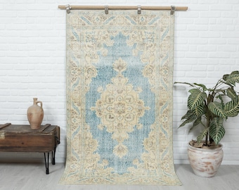 4x7 Vintage Turkish Oushak Rug, Beige Blue Hand Knotted Wool Carpet, Anatolian Area Rug, Distressed Rustic Home Decor
