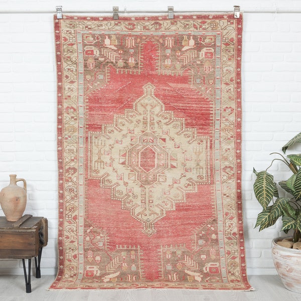 4x7 Vintage Rug, Antique Handmade Rug, Pink Turkish Rug, Kitchen Rug, Oushak Rug, Faded Rug, Anatolian Rug, Bedroom Rug, Special Design Rug