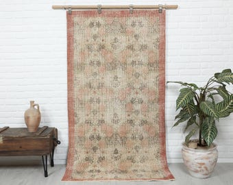100x200 Vintage Türkischer Wollteppich: Beiger Oushak Anatolian Handgefertigter Teppich