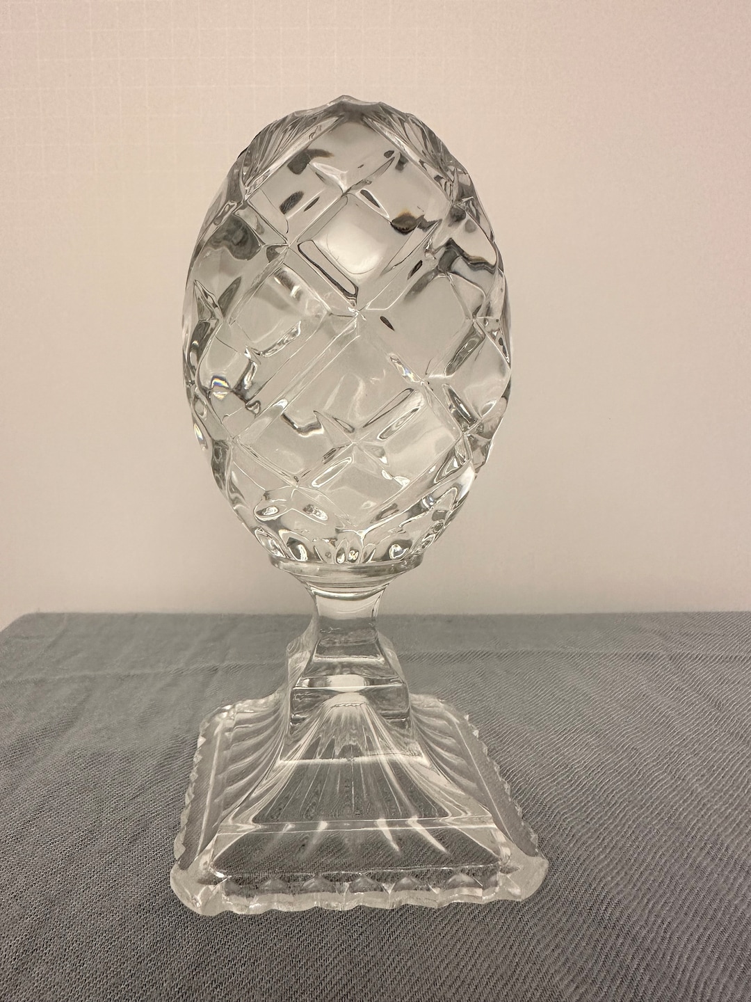 Vintage Lead Solid Genuine Hand Cut Crystal Glass Egg On Stand Made In vintage-lead-solid-genuine-hand-cut-crystal-glass-egg-on-stand-made-in
