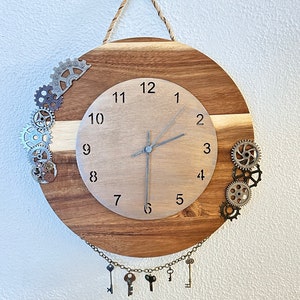 Wooden hanging Wall Clock Round, Handmade Clock Steampunk/Industial style quartz movement. 14&quot; Wall Decor.