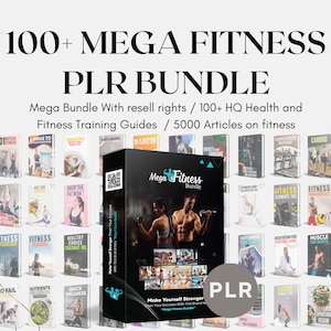 Könnte beinhalten: Ein schwarz-weißes digitales Produktpaket mit dem Text "100+ MEGA FITNESS PLR BUNDLE" und "Mega Bundle With resell rights / 100+ HQ Health and Fitness Training Guides / 5000 Articles on fitness". Das Paket enthält eine Vielzahl von Fitness-Leitfäden und Artikeln.