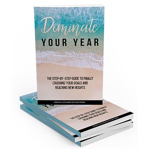 Könnte beinhalten: Ein Stapel von drei blauen und weißen Taschenbüchern mit dem Titel "Dominate Your Year" und dem Text "Der Schritt-für-Schritt-Leitfaden, um endlich deine Ziele zu erreichen und neue Höhen zu erreichen".