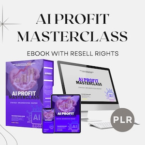 Puede incluir: Una portada de ebook morada y blanca con el título "AI Profit Masterclass" y el texto "Dominio de la implementación de la estrategia". La portada presenta una mano sosteniendo una pila de monedas de oro. El ebook está disponible con derechos de reventa.