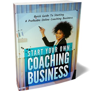 Könnte beinhalten: Ein Buchcover mit blauem und weißem Hintergrund. Das Cover zeigt eine Frau, die auf ein Whiteboard schreibt, mit dem Text "Quick Guide To Starting A Profitable Online Coaching Business" und "Start Your Own Coaching Business".