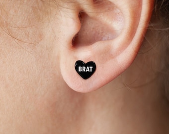 BRAT Black Heart Personalized Earrings Studs | Handmade Jewelry | Funny Swear BDSM Sub Jewellery | Womens Christmas Novelty Gifts for Her