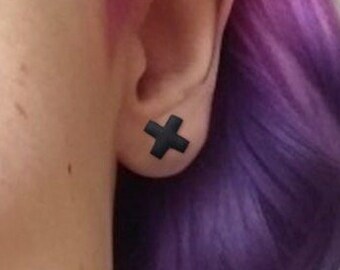 10mm Matte Black X Cross Plus Polymer Clay Earrings Studs Handmade Gothic Punk Alternative Jewellery Accessories Mens Unisex Gifts Him Her