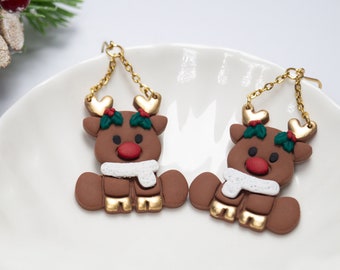 Christmas Reindeer Earrings | Handmade Polymer Clay Ball Stud or Hoops | Xmas Cute Animal Jewelry Womens Statement Jewellery | Gifts For Her