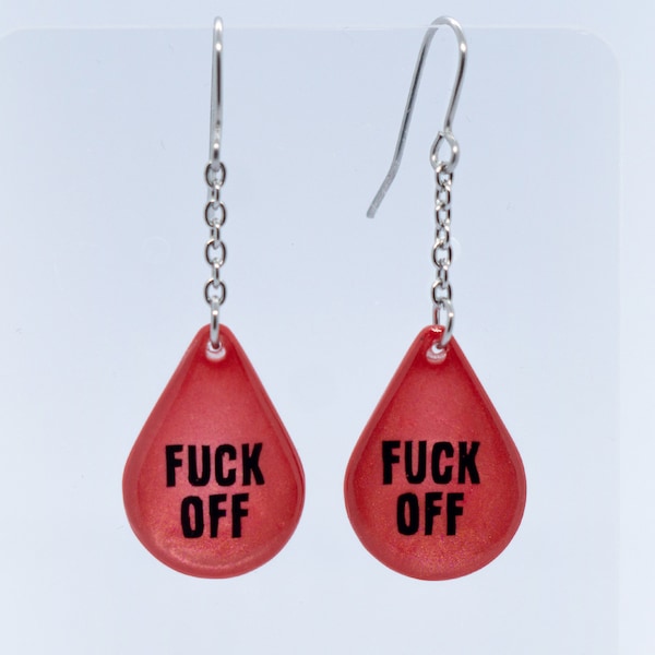 Red Shimmer Blood Drop Fuck Off Acrylic Resin Dangle Earrings | Handmade Jewelry | Adult Offensive Jewellery | Fashion Accessories Gift