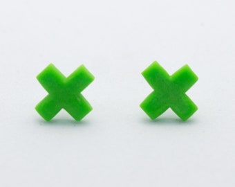 10mm Lime Green X Cross Plus Polymer Clay Earrings Studs Handmade Gothic Punk Alternative Jewellery Accessories Mens Unisex Gifts Him Her