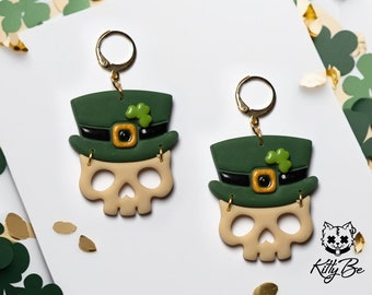 Leprechaun Skull St Patricks Day Polymer Clay Dangle Earrings Handmade Creepy Spooky Alternative Jewellery Gold Colour Stainless Steel Hoops