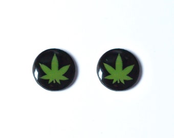 Glossy Black w/ Green Leaf Round HYPOALLERGENIC Earrings Stud HANDMADE Marijuana Cannabis Stoner Weed Pot Leaf Jewellery Unisex Gift Him Her