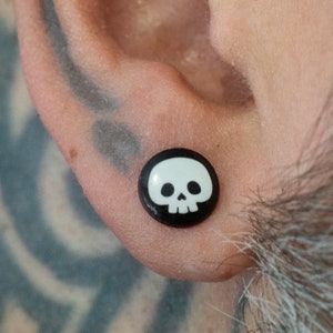 8/10/12mm Black and White Skull Round Earrings Studs | HANDMADE Jewellery  | Gothic Punk Spooky Halloween Mens Jewellery Unisex Gift Him Her