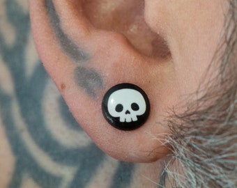 8/10/12mm Black and White Skull Round Earrings Studs | HANDMADE Jewellery  | Gothic Punk Spooky Halloween Mens Jewellery Unisex Gift Him Her