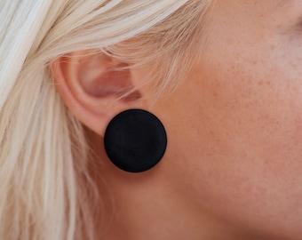 Large Black Round Circle Polymer Clay Earrings Studs | Handmade Trending Jewelry Womens Festival Statement Jewellery Christmas Gifts For Her