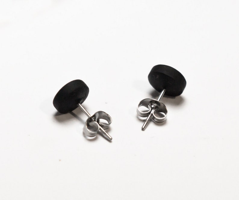 Pair of Matte Black Round Circle Polymer Clay Earrings Studs Handmade Jewelry Gothic Jewellery Mens Womens Unisex Accessories Gifts image 3