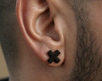 Matte Black X Cross Plus Polymer Clay Earrings Studs Handmade Gothic Punk Alternative Jewellery Accessories Mens Unisex Gifts Him Her