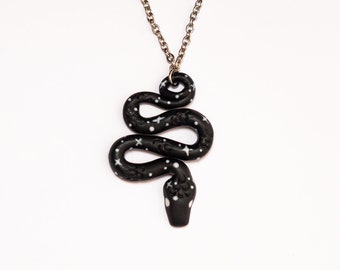 Black and White Lunar Serpent Polymer Clay Pendant Necklace | Handmade Jewelry | Goth Celestial Snake Jewellery Womens Accessories Gifts Her