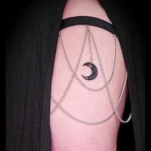 Stainless Steel Black Glitter Moons Thigh Body Chains Jewellery Accessory | Thick Thighs | Plus Size Gothic Leg Fashion | Garter Lingerie