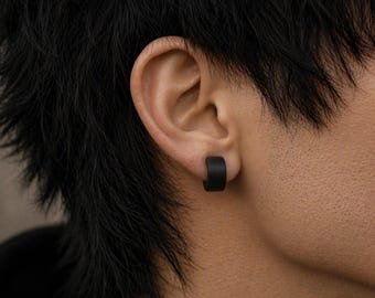 Matte Black Mini Wide Hoop Stud Earrings | Chunky Polymer Clay Huggie Studs for Men | Minimalist Alternative Jewelry Gifts for him | 1 Pair