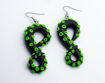 Black and Green Tentacle Polymer Clay Dangle Drop Earrings | Dark Fantasy Monster Jewelry | Handmade Jewellery | Alternative Fashion Gift