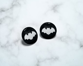 Black and White Bat Round Earrings Studs | HANDMADE Jewellery | Circle 3d Print and Clay Gothic Halloween Mens Jewellery Unisex Gift Him Her