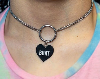 BRAT Choker | Stainless Steel Chunky Chain Necklace O-Ring & Black Heart | Sub Collar Kink BDSM Goth Alternative Punk Jewellery Jewelry