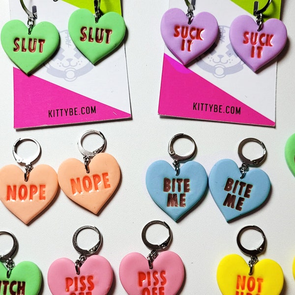 Pastel Heart Anti Valentines Polymer Clay Dangle Hoops Earrings | Candy Conversation Love Rude Funny | Handmade Jewellery |  Fashion Gifts