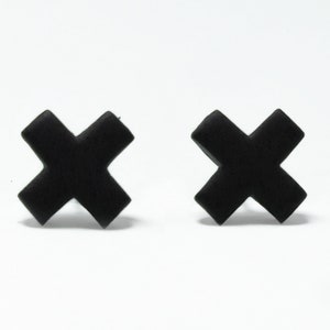 10mm Matte Black X Cross Plus Polymer Clay Earrings Studs Handmade Gothic Punk Alternative Jewellery Accessories Mens Unisex Gifts Him Her