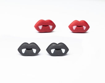 Vampire Fang Lips Polymer Clay Earrings Studs | Black or Red Handmade Jewelry | Gothic Halloween Jewellery |