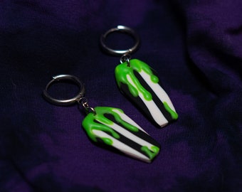 Slime Coffin Polymer Clay Dangle Hoop Earrings | Handmade Jewelry Jewellery | Huggie Hoops Black White Green Gothic Punk Accessories & Gifts