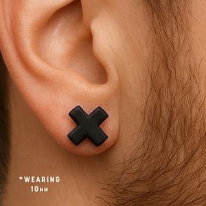10mm Matte Black X Cross Plus Polymer Clay Earrings Studs Handmade Gothic Punk Alternative Jewellery Accessories Mens Unisex Gifts Him Her