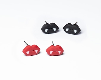 Black or Red Vampire Lips Earrings Studs | Mouth with Fangs | Handmade Polymer Clay Jewelry | Funky Gothic Halloween Jewellery Gifts for her