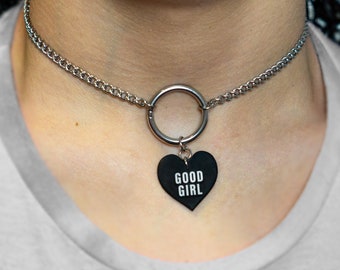 Good Girl Choker | Stainless Steel Chunky Chain Necklace O-Ring & Black Heart | Sub Collar Kink BDSM Goth Alternative Punk Jewellery Jewelry